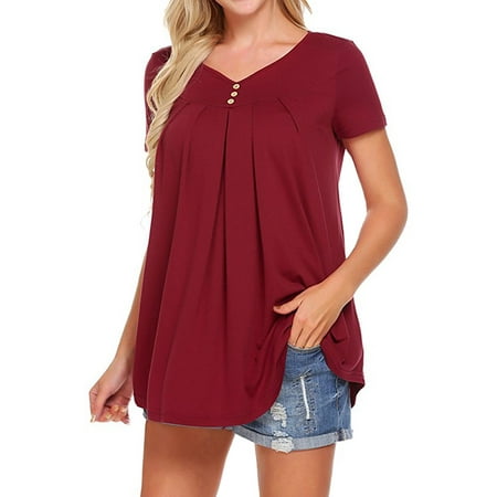 711ONLINESTORE Women Short Sleeve V-Neck Buttons Pleated Tunic Tops