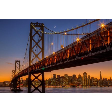 San Francisco Cityscape, Bay Bridge and Crescent Moon Print Wall Art By Vincent James