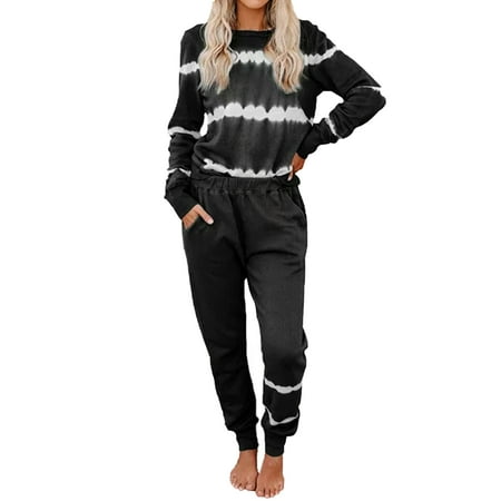 Long Sleeve Women Pajama Set Top Pants Home Sleepwear Striped Tie Dye Fitness