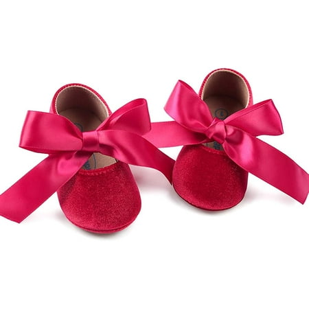 QWZNDZGR Baby Girls Mary Jane Flats Anti-Slip Rubber Sole Bow Toddler Princess Dress Shoes