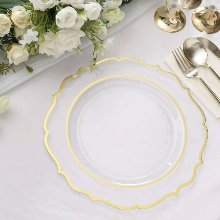 Efavormart 10 Pack | 10 Clear Plastic Dinner Plates Disposable Tableware Round With Gold Scalloped Rim for Wedding Outdoor Receptions Banquets Holiday Dining
Efavormart 10 Pack | 10 Clear Plastic Dinner Plates Disposable Tableware Round With Gold Scalloped Rim for Wedding Outdoor Receptions Banquets Holiday Dining