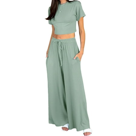 Women 2 Pieces Pajamas Set Solid Color Knitted Short Sleeve Crew Neck Pullover Loose Tops and Elastic Pants
Women 2 Pieces Pajamas Set Solid Color Knitted Short Sleeve Crew Neck Pullover Loose Tops and Elastic Pants