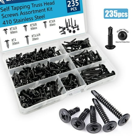 235pcs #8 Self Drilling TEK Screw Assortment Kit Modified Truss Head Self Tapping Sheet Metal Screws Black Oxide 410 Stainless Steel Length 1/2 To 1-1/4
