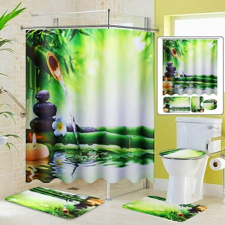4pcs Waterproof Shower Curtain Bathroom Set Toilet Cover Mat Non-Slip Rug,Multi-style