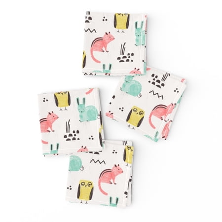 Cocktail Napkins Woodland Owl Rabbit Chipmunk Forest Rocks White Bunny Set of 4