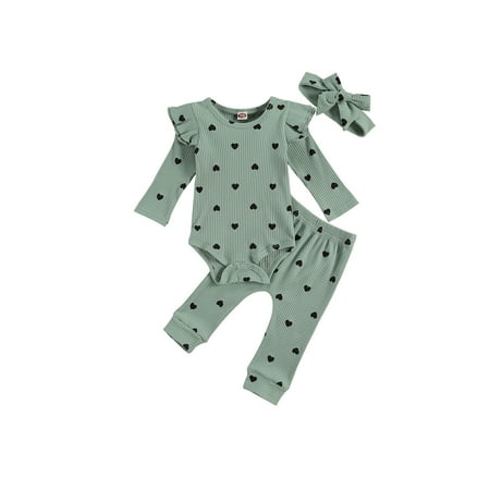 Qtinghua Newborn Baby Girl 3Pcs Outfits Ruffle Love Heart Print Romper Top+Pants+Headband Fall Winter Clothes Green 12-18 Months 
Qtinghua Newborn Baby Girl 3Pcs Outfits Ruffle Love Heart Print Romper Top+Pants+Headband Fall Winter Clothes Green 12-18 Months
