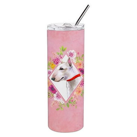 20 oz Bull Terrier Pink Flowers Double Walled Stainless Steel Skinny Tumbler