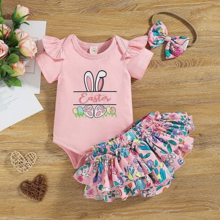 Newborn Baby Girls 3PCS Easter Bunny Print Outfits Romper Tutu Shorts Headband