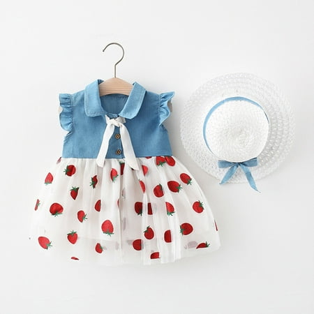 

B91xZ Flower Girl Dresses Hat Tulle Patchwork Strawberry Fly Sleeve Baby Princess 6M-3Y Set Girls Denim Dress Girls White Size 18-24 Months