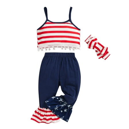 Arvbitana 3Pcs Infant Baby Girl 4th of July Clothes Set Sleeveless Striped Strap Crop Top + Ruffle Bell Bottom Pants + Headband Independence Day Outfit 3-24M
Arvbitana 3Pcs Infant Baby Girl 4th of July Clothes Set Sleeveless Striped Strap Crop Top + Ruffle Bell Bottom Pants + Headband Independence Day Outfit 3-24M