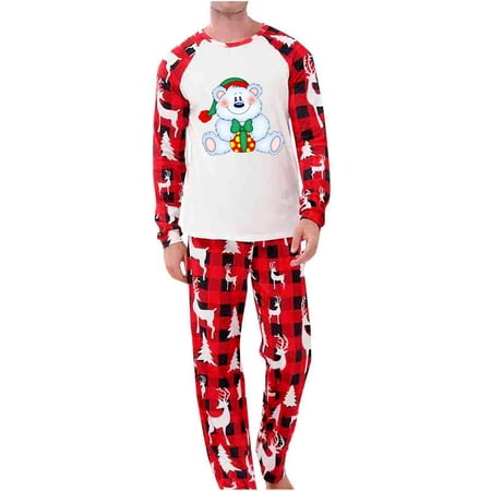 

Honeeladyy Christmas Family Pajamas Parent-Child Warm Christmas Suit Printed Plaid Stitching Home Wear Pajamas Long-Sleeved Trousers Two-Piece Set（Dad） Red Discount