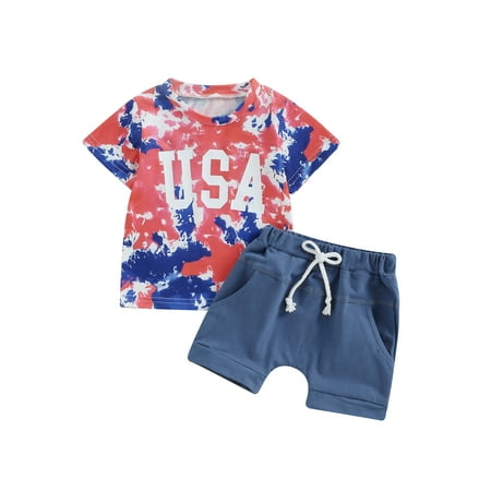 Bagilaanoe 4th of July Clothes for Toddler Baby Boys Tie-Dye Letter Print Short Sleeve T-Shirt Tops + Shorts 6M 12M 18M 24M 3T 4T 5T Kids Independence Day Outfits 2pcs Short Pants Set