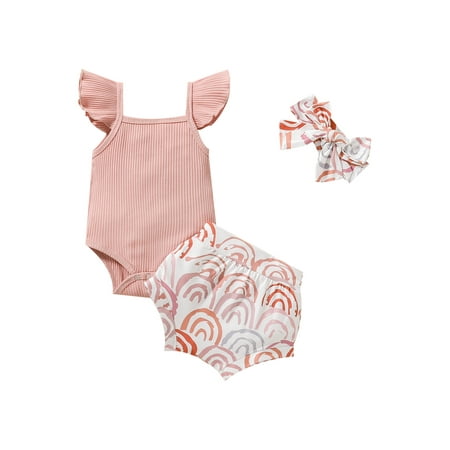 3 Pcs Newborn Girl Outfits Flying Sleeve Solid Color Ribbed Bodysuit + Rainbow Pattern Short Pants With Bow Headband
3 Pcs Newborn Girl Outfits Flying Sleeve Solid Color Ribbed Bodysuit + Rainbow Pattern Short Pants With Bow Headband