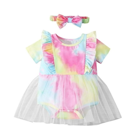Infant Baby Girls Summer Short Sleeved Romper Fashionable Tie Dyed Mesh One-piece Romper Baby s Summer Triangle Tulle Crawling Suit