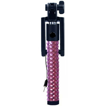KTA Pink Rhinestones Wired Mini Selfie Stick With Folding Bracket