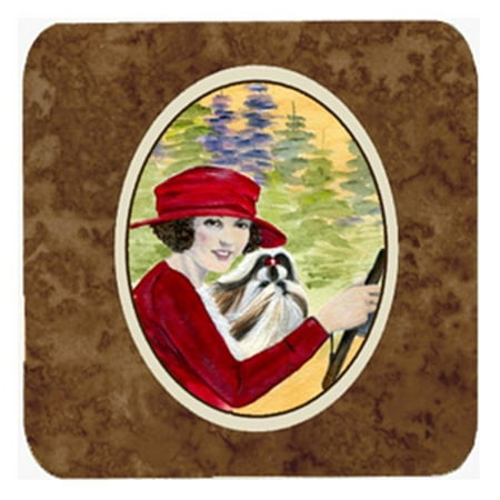 Lady Driving With Her Shih Tzu Foam Coasters Set Of 4