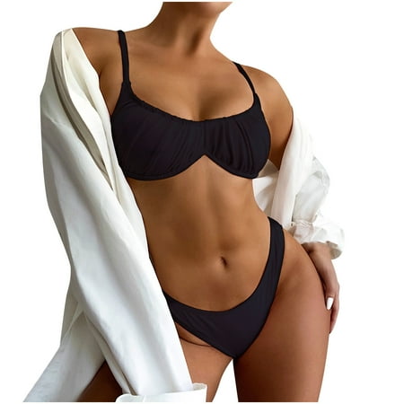 VKEKIEO Two-Piece Sets Swimsuit Sport Bra Style Soft Cup Black S