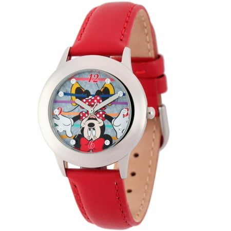 Disney Minnie Mouse Girls' Stainless Steel Glitz Case Watch, Red Leather Strap