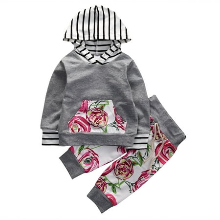 Girls Boys 2 Pieces Outfit Hooded Long Sleeve Tops + Floral Pants Set
