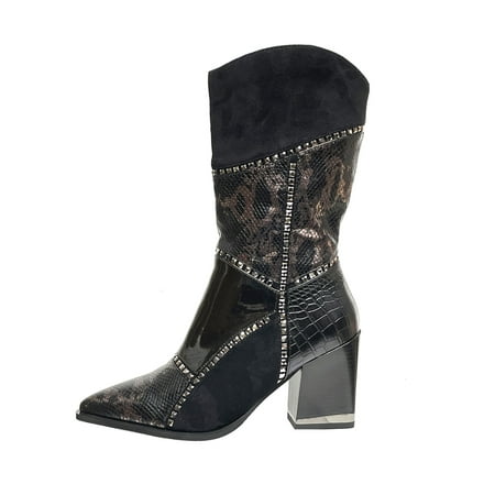 Ninety Union Art Patchwork Multi Fabric Boot With 3.25 Inch Block Heel Black 8