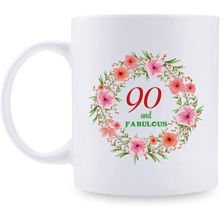 

90th Birthday Gifts for Women - 90 and Fabulous with A Garland Birthday Mug - 90 Year Old Present Ideas for Mom Wife Grandmother Daughter Sisters Friends Colleague Coworker - 11 oz Coffee Mug