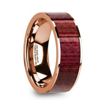 Pavlos Purpleheart Inlaid 14K Rose Gold Mens Wedding Band With Polished Finish
