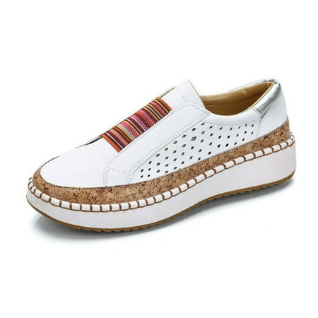 huanledash Women Faux Leather Elastic Band Round Toe Slip On Shoes Hollow Anti Skid Loafers