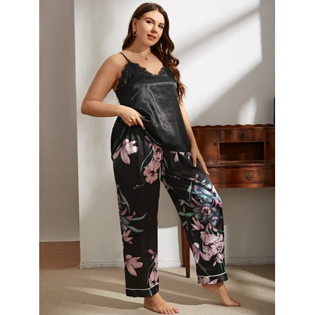 

Multicolor Casual Women s Plus Satin Lace Trim Cami Top Floral Tie Pants Pajama Set 2XL(16) Y22001D