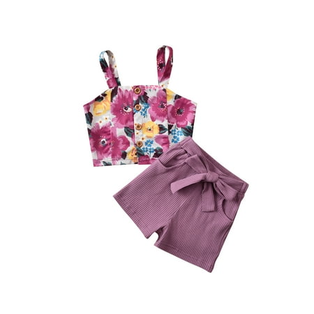 Xingqing Baby Girls Ribbed Shorts and Spaghetti Straps Tops 2pcs Outfits Set Purple 1-2 Years