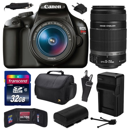 Canon EOS Rebel T3 Digital SLR Camera with EF-S 18-55mm f\/3.5-5.6 IS and EF-S 55-250mm f\/4-5.6 IS II Lens with 32GB Memory + Large Case + Battery + Charger + Card Wallet + Cleaning Kit 5157B002 Canon EOS Rebel T3 Digital SLR Camera with EF-S 18-55mm f\/3.5-5.6 IS and EF-S 55-250mm f\/4-5.6 IS II Lens with 32GB Memory + Large Case + Battery + Charger + Card Wallet + Cleaning Kit 5157B002