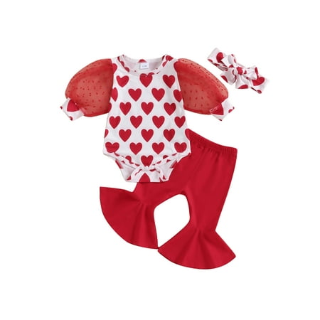Baby Girls Boys Valentines Day Outfit Long Sleeve Letters Heart Print Romper with Flare Pants and Headband 3Pcs Clothes Set
Baby Girls Boys Valentines Day Outfit Long Sleeve Letters Heart Print Romper with Flare Pants and Headband 3Pcs Clothes Set