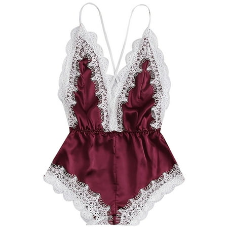 ELENXS Sexy Lingerie Women Deep V-neck Underwear Lace Bodysuit Girl Mesh