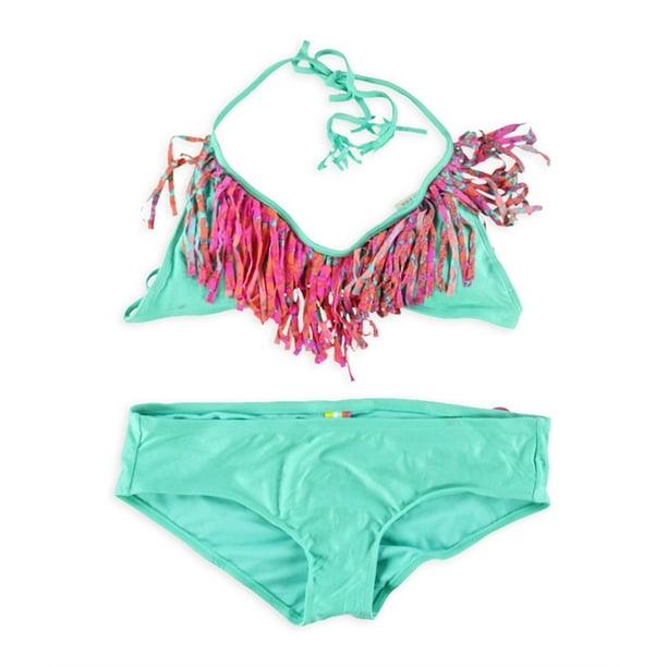 Raisins Womens Fringe Bra Ruched Brief 2 Piece Bikini, Pink, Large