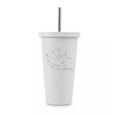 

White 16 oz Stainless Steel Double Wall Insulated Tumbler Pool Beach Cup Travel Mug With Straw Star Zodiac Horoscope Constellation (Sagittarius)