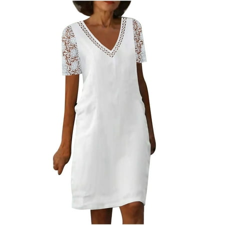 YanHoo Womens Lace Linen Summer Dresses Elegant Trim Stitching Short Sleeve V Neck Midi Dress Ladies White Casual Wedding Dress
YanHoo Womens Lace Linen Summer Dresses Elegant Trim Stitching Short Sleeve V Neck Midi Dress Ladies White Casual Wedding Dress