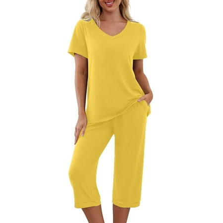 Brglopf Women s Pajama Set Solid Color Short Sleeve Shirt Wide Leg Capri Pants Sleepwear Pjs Sets Soft Sleepwear
Brglopf Women s Pajama Set Solid Color Short Sleeve Shirt Wide Leg Capri Pants Sleepwear Pjs Sets Soft Sleepwear