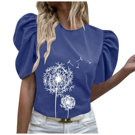 kakina CMSX Clearance Shirts for Women Summer Sexy Printed Regular Crewneck Short Sleeve Short Sleeves Top Blouse Pullover Shirts Blue M