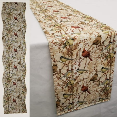 

Birds & Berries Table Runner by Penny s Needful Things (8 Feet Long - SCALLOPED) (Burgundy)