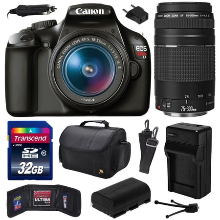 Canon EOS Rebel T3 Digital SLR Camera with EF-S 18-55mm f\/3.5-5.6 IS and EF 75-300mm f\/4-5.6 III Lens with 32GB Memory, Large Case, Battery, Charger, Memory Card Wallet, Cleaning Kit 5157B002 Canon EOS Rebel T3 Digital SLR Camera with EF-S 18-55mm f\/3.5-5.6 IS and EF 75-300mm f\/4-5.6 III Lens with 32GB Memory, Large Case, Battery, Charger, Memory Card Wallet, Cleaning Kit 5157B002