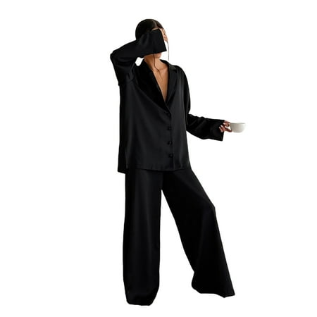 Women 2 Pcs Satin Loungewear Pants Set Sleepwear Long Sleeve Button Up Shirts Tops Hght Waist Loose Wide Leg Pants Pajama Sets
Women 2 Pcs Satin Loungewear Pants Set Sleepwear Long Sleeve Button Up Shirts Tops Hght Waist Loose Wide Leg Pants Pajama Sets
