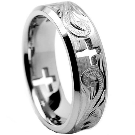 7MM Titanium Ring Wedding Band With Cross Cut Out and Engraved Floral Design