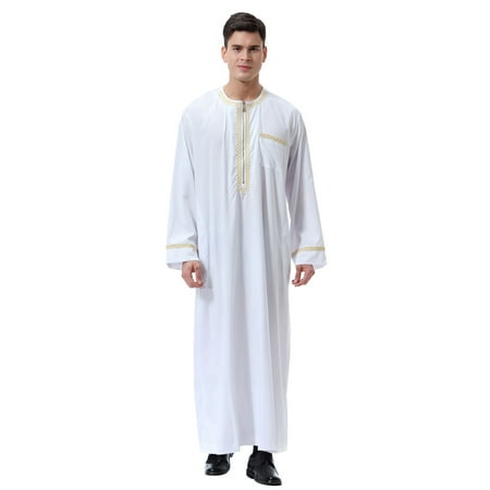 Shiusina Men s Muslim Arab Middle Printed Zip Round Neck Robe White L