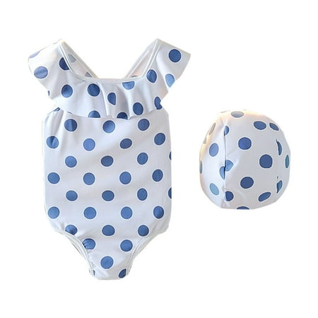 

New Blue Polka Dot Cute Fashion Toddlers Girls Baby Elastic Swimsuit With Swimming Cap Child Kids Swim Beachwear