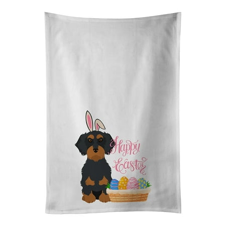 Wirehair Black and Tan Dachshund Easter White Kitchen Towel Set of 2 Dish Towels 19 in x 28 in