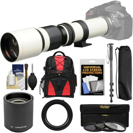 Vivitar 500mm f\/8.0 Telephoto Lens (T Mount) (White) with 2x Teleconverter (=1000mm) + Monopod + Backpack + 3 Filters Kit for Nikon D3200, D3300, D5300, D5500, D7100, D7200, D610, D750, D810 Camera
