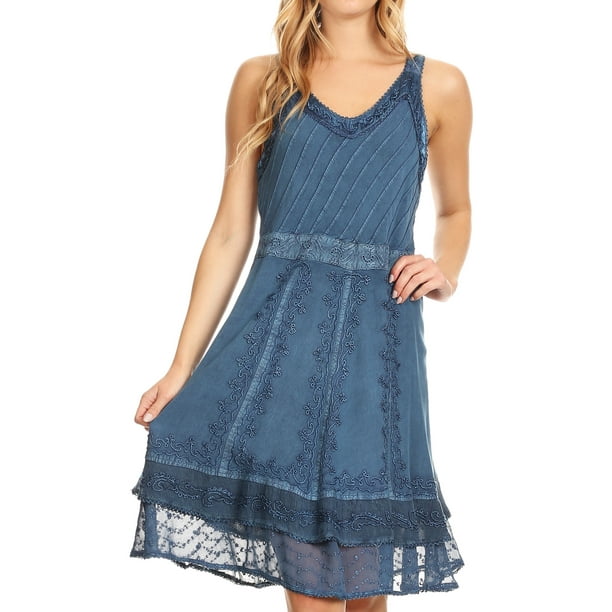 Sakkas Dalila Sleeveless Midi Dress Stonewash with Embroidery and Crochet Lace - Denim Blue - Medium