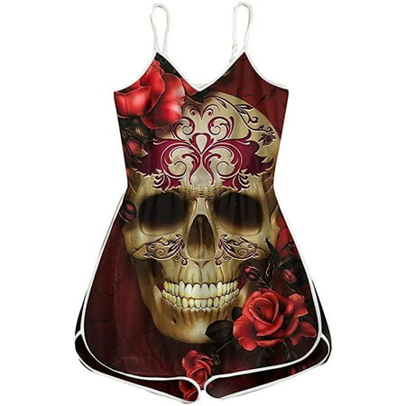 Womens Summer Loose V Neck Spaghetti Strap Skull Print Short Jumpsuit Rompers 
Womens Summer Loose V Neck Spaghetti Strap Skull Print Short Jumpsuit Rompers