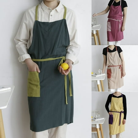 HeYii Kitchen Fresh Soft Cotton Linen Breathable Thin Apron with Pocket for Women Men