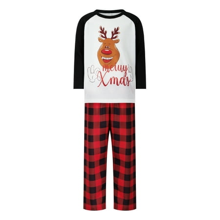 Family Christmas Pajamas Set Cartoon Print Tops with Plaid Pants