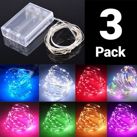 Waterproof 20 LED String Copper Wire Fairy Lights Battery Powered 6.5 ft 2M Xmas (3-Pack) (Green)